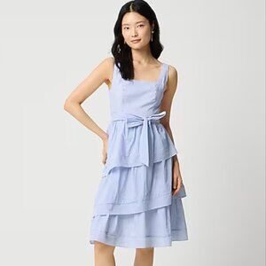 J. CREW Striped Sleeveless Belted Tiered Dress | Size 4 | White Blue Preppy NWT